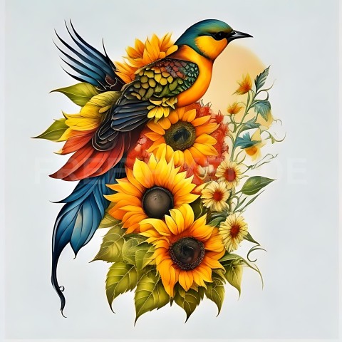 Sonnenblumen mit Vogel V1 34