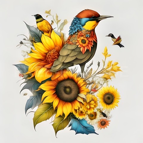 Sonnenblumen mit Vogel V1 22