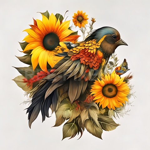 Sonnenblumen mit Vogel V1 37