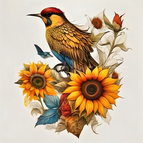 Sonnenblumen mit Vogel V1 01
