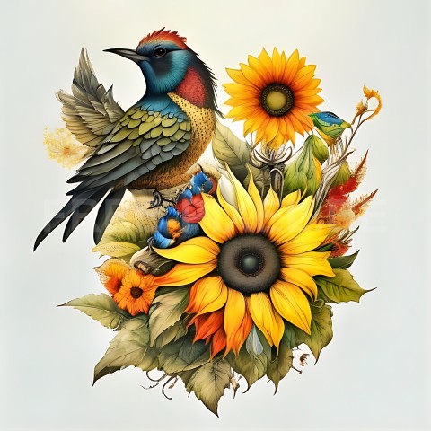 Sonnenblumen mit Vogel V1 33
