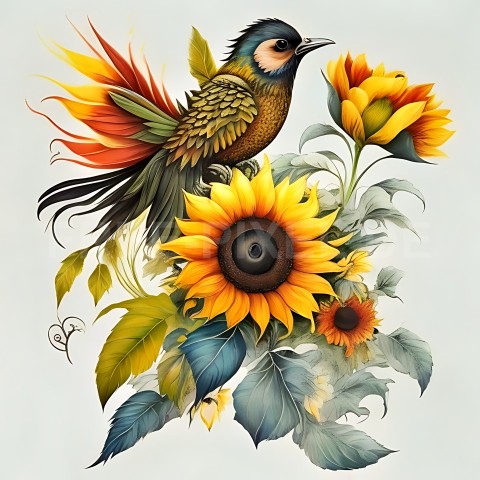 Sonnenblumen mit Vogel V1 20