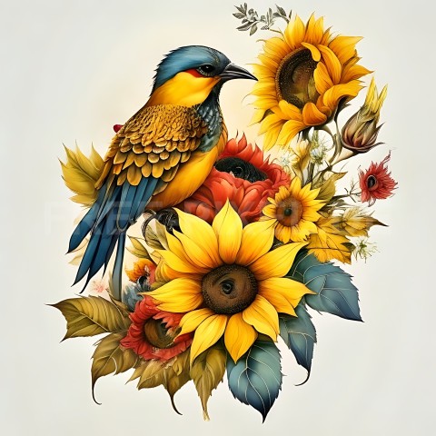 Sonnenblumen mit Vogel V1 46