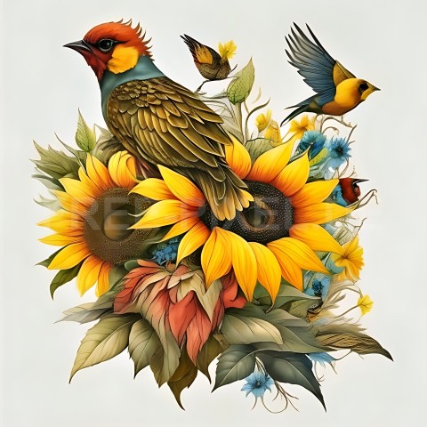 Sonnenblumen mit Vogel V1 43