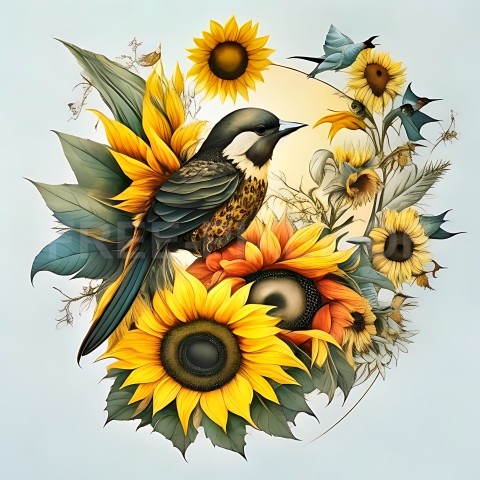 Sonnenblumen mit Vogel V1 08