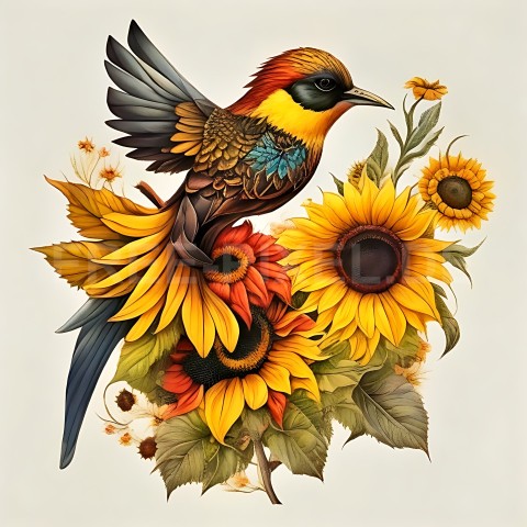 Sonnenblumen mit Vogel V1 11